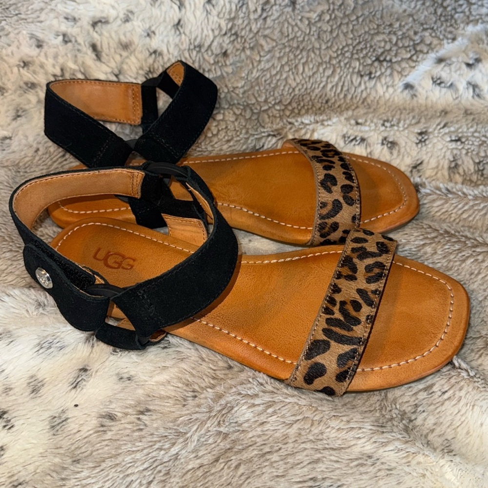 UGG Black and Leopard Print Leather Sandals